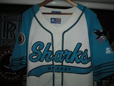 SAN JOSE SHARKS Vtg 1990s NHL Starter Baseball SCRIPT Sewn Jersey Jacket M/Large • $99.99