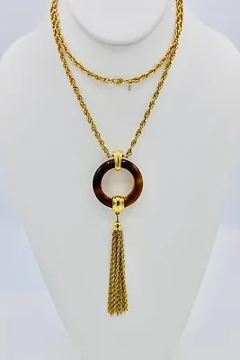 Monet Necklace Faux Tortoise Tassel Gold Tone Long 32  N319 • $24.50