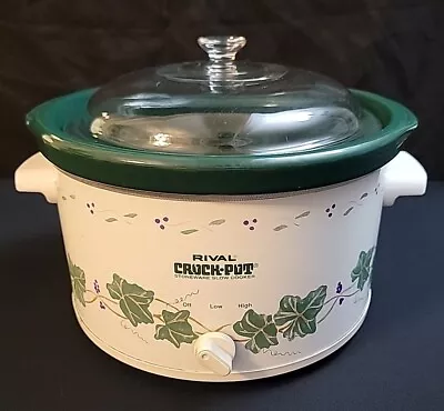 Vintage Rival 5 Qt Grapes Crock Pot Stoneware Slow Cooker Model 3355 Glass Lid • $29.99