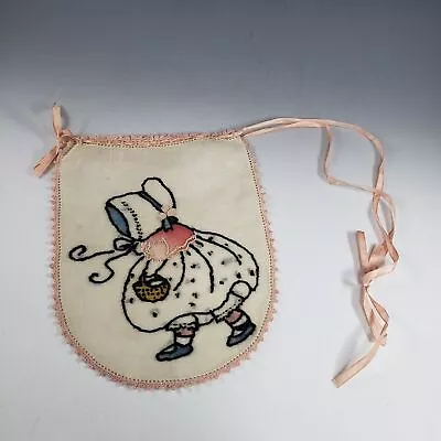 Estate VTG Childs Drawstring Purse Lavender Sachet Hand Embroidered Girl Bonnet • $20