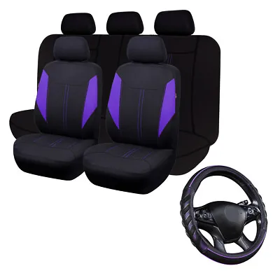 $59.99 • Buy Universal Car Seat Covers Set Purple Black Auto Car Steering Wheel Cover Leather