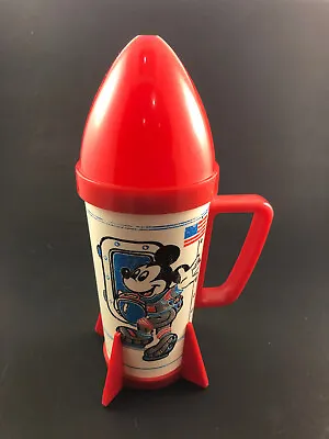 Vintage Walt Disney Mickey Mouse Astronaut Rocket Ship Drinking Cup With Cap Red • $11.99