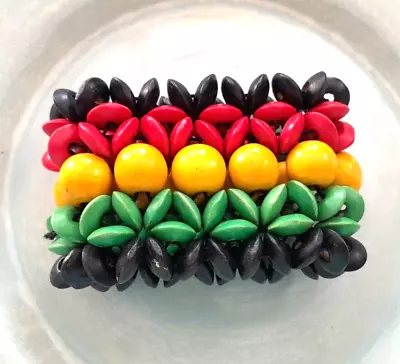 Vintage 1980's Rasta Reggae Style Hawaii Jamaica Wooden Bead Stretch Bracelet • $13.50