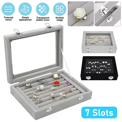 7 Slots Velvet Glass Ring Organizer Eareing Jewelry Box Display Case Black/Gray • $13.98