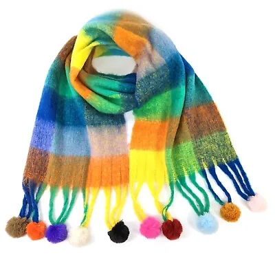 Black Ginger Colourful Citrus Tartan Winter Scarf Pom Poms Check Christmas Gift • £19.99