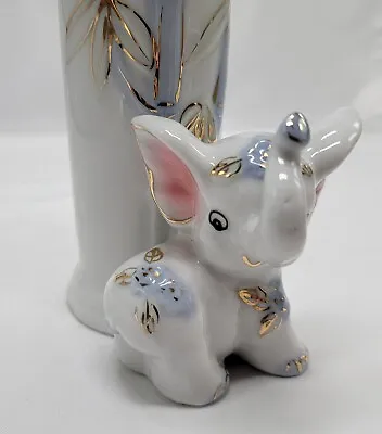Tall Porcelain Gold Trim Vintage Vase W/Pink Earred Elephant Figurine Bamboo  • $27