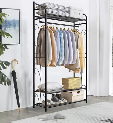 Industrial Metal Closet Organizer Garment Rack Clothes Rail Wardrobe Shoe Shelf • $35.90