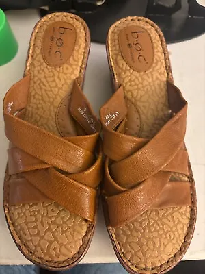 BOC Womens Sz 9 Sandals Born Concept Cork Wedge Brown Leather Open Toe Slip On • $14.99