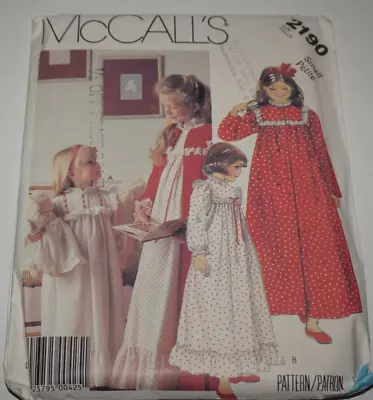 Uncut McCalls  Children's & Girls' Nightgowns & Doll's Nightgown  Pattern 2190 • $2