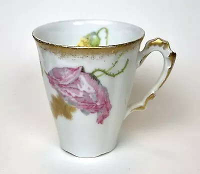 Limoges A. Lanternier Antique Rose Tea Cup Gold Trim Pink & Yellow  Floral 1898 • $22