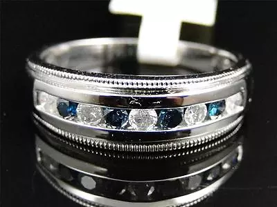 Mens White Gold Round Cut Blue And White Diamond Wedding Band Ring 6 MM .53 Ct • $729.99