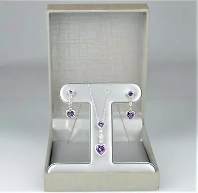 Zales Sterling Silver Double Heart Amethyst & Diamond Accent Necklace & Earrings • $126.65