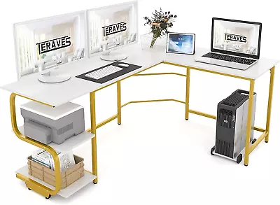Reversible L Shaped Desk With Shelves 61“ Computer Desk Gaming Desk For Home Off • $60