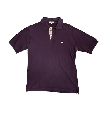 Burberry London Short Sleeve Polo Shirt Cotton Purple Plaid Trim Mens Size Small • $59.99