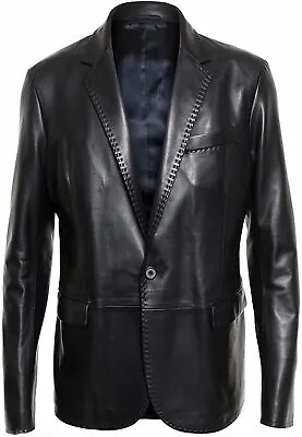 Men's Soft Work Wear Genuine Lambskin 100% Leather Blazer ONE BUTTON Coat Black • $119.20