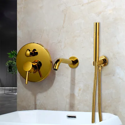 Gold Wall Mount 3 PCs Shower Tub Faucet Round Control Valve Hand Mixer Tap Units • £98.35