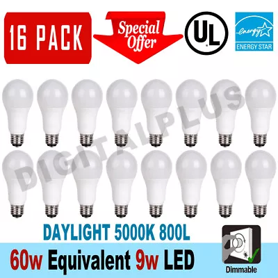 16 LED Light Bulbs 9W / 60W Replacement 800L Daylight 5000K A19 Dimmable E26 • $32.75