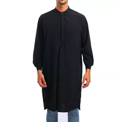 Men's Long Sleeve Muslim Clothing Saudi Jubba Arab Kaftan Thobe Long Dress Robe • $23.66