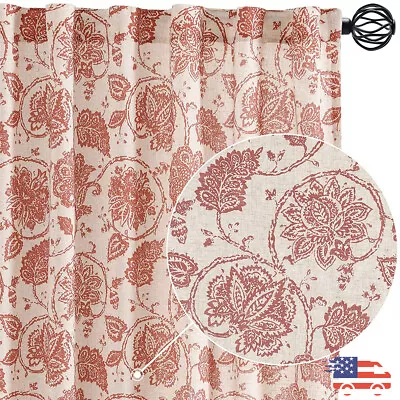 $28.04 • Buy 2 Panels Floral Scroll Print Curtains Flax Textured Drapes For Home Decor