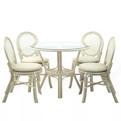 Rattan Dining Set Of 4 Denver Side Chairs And Round Table Glass Top White Wash • $1485