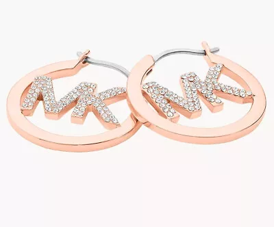 Michael Kors Rose Gold-tone Hoop Pave Logo Earrings Mkj7637791 Mkj7637 New $139 • $58