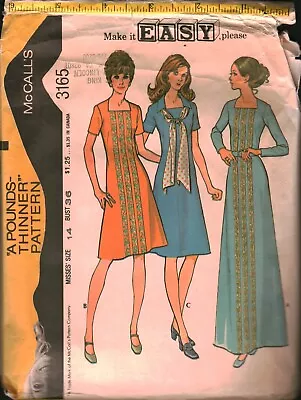 3165 Vintage McCalls SEWING Pattern Misses 1970s Dress Scarf Pounds Thinner 14 • $5.59