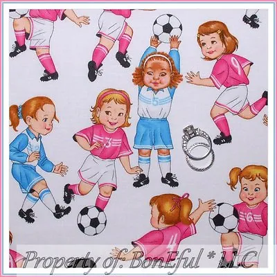 BonEful Fabric FQ Cotton Quilt White Pink B&W VTG Little Girl Soccer Ball Sports • $6.30