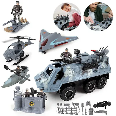 Soldier Army Action Figures With Military Vehicles Toys Playset Helicopter Gift • £20.48