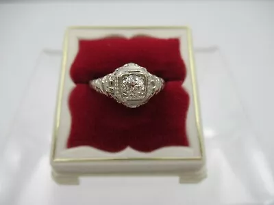 Antique Estate 14K White Gold Filigree .45 Ct European Cut Diamond Ring C1920 • $549.99
