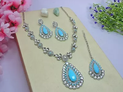 Aqua Indian Bollywood Wedding Silver Plated Kundan Jewelry Necklace Earrings Set • $35.99