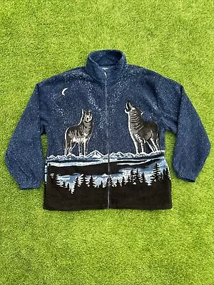 Graphic Fleece Jacket Mens Large Blue Wolves Winter Resort Stop • $18.55
