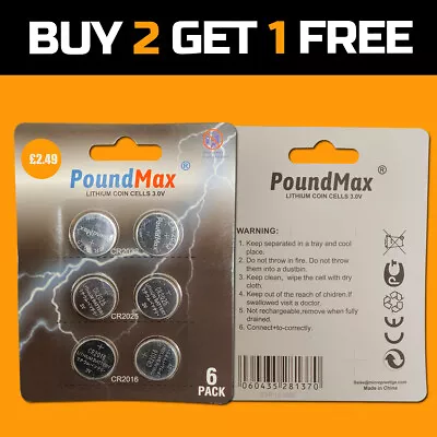 6 X PoundMax Mixed CR2032 CR2025 CR2016 3V Lithium Button Coin Cell Battery  • £1.99