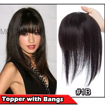 Women 100% Human Hair Toupee Silk Top Topper With Bangs For Women Thinning Hair • $35.55