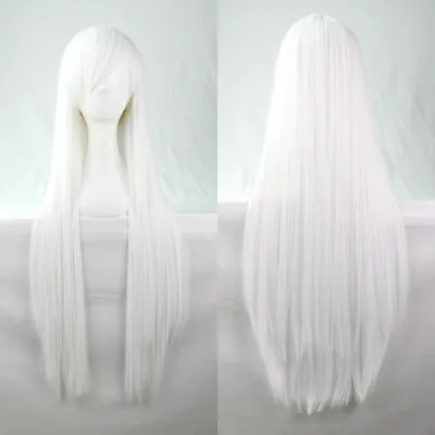 $8 • Buy White Straight Sleek Long Full Hair Wig Side Bangs Cosplay 31 Inch Long