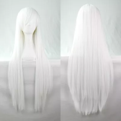 White Straight Sleek Long Full Hair Wig Side Bangs Cosplay 31 Inch Long • $9.02