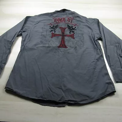 Rock 47 Shirt Mens Extra Large Gray Pearl Snap Long Sleeve Western Cross Dragon • $29.99