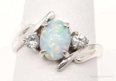 Vintage Opal Cubic Zirconia Sterling Silver Ring - Size 6.25 • $75