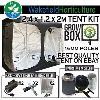 Grow Box 2.4 X 1.2m Tent Kit - 16mm Poles Digital Light Kit - 6  Extraction Kit • £364.99