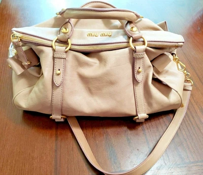 $600 • Buy  Authentic Miu Miu Vitallo Lux Cream Color Leather Satchel Bag With Bows