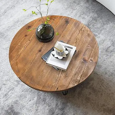 Sm Rustic Round Coffee Table Solid Pine Wood Slab Top Black Metal Hairpin Legs • $216.60