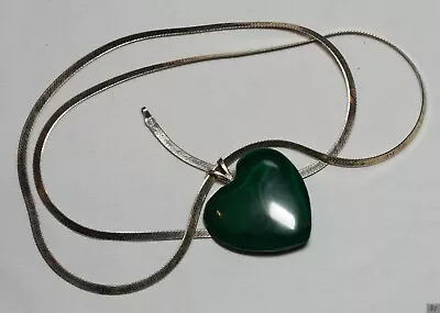 Vintage Green Heart Pendant With 925 Silver Herringbone Chain 23  Pretty! • $15