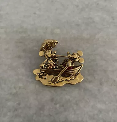 Retired Disney Napier Mickey Mouse Minnie Mouse In Row Boat Brooch Gold Tone Pin • $40