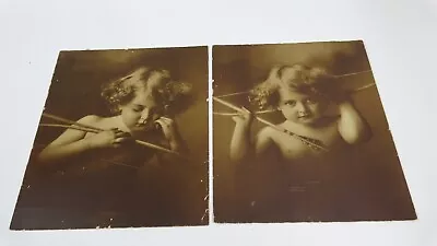 Vintage 1897 Cupid Asleep #2830 And Cupid Awake #2829 Sepia 9x11 Photo Set • $32.95