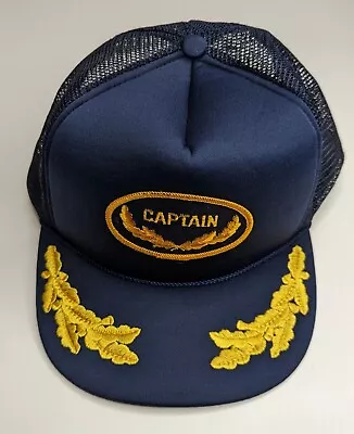 Vintage Captain Gold Leaf Mesh Back Snapback Blue Trucker Hat Cap • $10.19