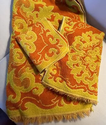 VTG Sears & Roebuck Reversible Fringe Yellow Orange 1 Bath 1 Hand 1 Face Towel • $43.99