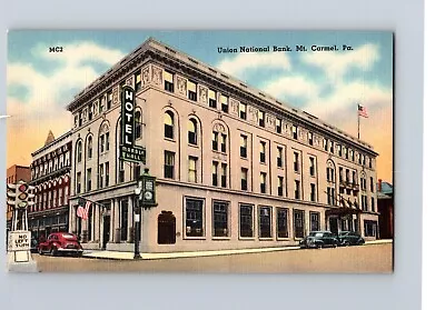 Union National Bank Old Cars In Front Hotel Mt Carmel PA C1940 Postcard • $5.50