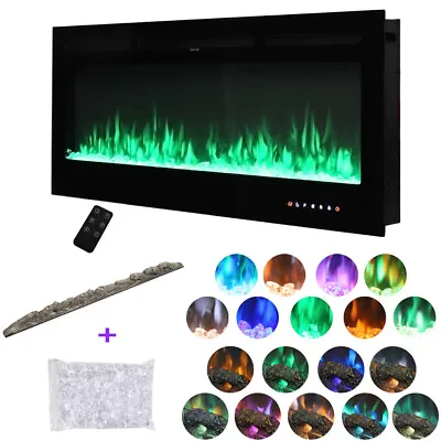 50'' Electric Fireplace Wall Hung Crystals/Log Effect 9 LED Flame Colors Heater • £239.99