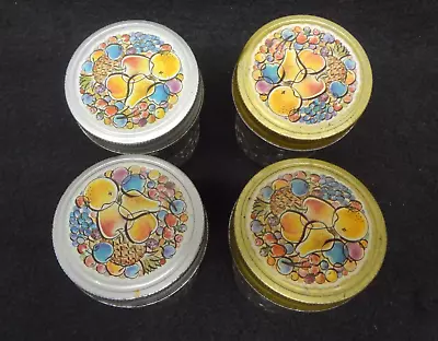 4 - 12oz Quilted Crystal Jelly Jars Vintage 1970’s With Fruit Metal Lids • $38.95