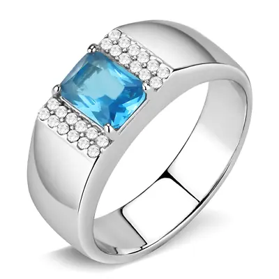 Mens Pinky Ring Signet Blue Topaz Emerald Cut Cz Silver Stainless Steel New 344 • £19.99