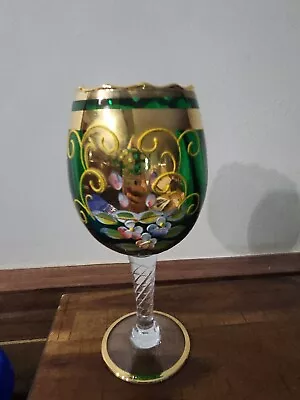 Venetian Murano Wine Glass Goblet Gold Emerald Green Stem Bohemian Hand Painted • $15